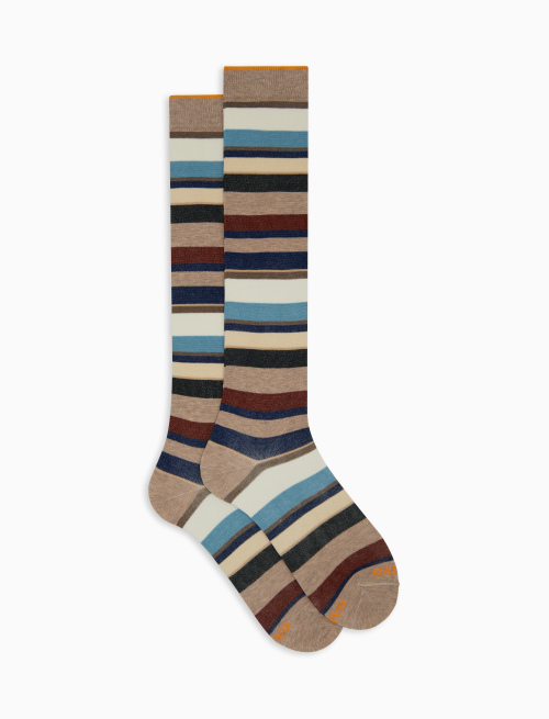 Men's long beige cotton socks with multicoloured stripes - Socks | Gallo 1927 - Official Online Shop