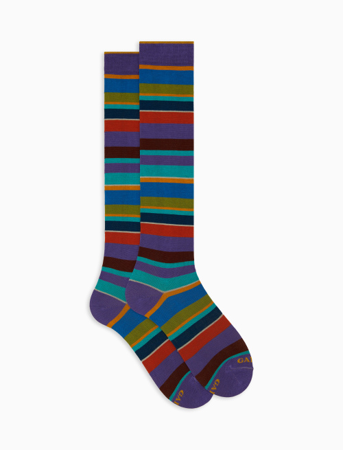 Men's long purple cotton socks with multicoloured stripes - Long | Gallo 1927 - Official Online Shop