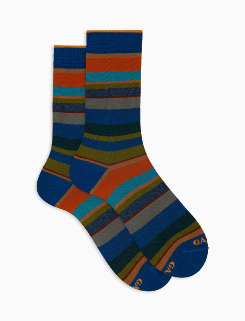 Men's short blue cotton socks with multicoloured stripes - Short | Gallo 1927 - Official Online Shop