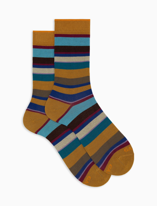 Men's short yellow cotton socks with multicoloured stripes - Short | Gallo 1927 - Official Online Shop