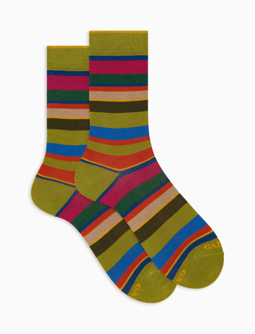 Men's short green cotton socks with multicoloured stripes - Man | Gallo 1927 - Official Online Shop