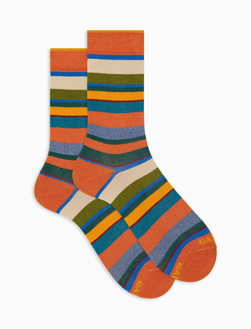 Men's short orange cotton socks with multicoloured stripes - Man | Gallo 1927 - Official Online Shop