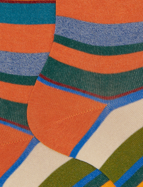 Men's short orange cotton socks with multicoloured stripes - Man | Gallo 1927 - Official Online Shop