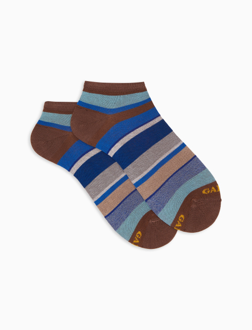 Men's brown cotton ankle socks with multicoloured stripes - Invisible | Gallo 1927 - Official Online Shop