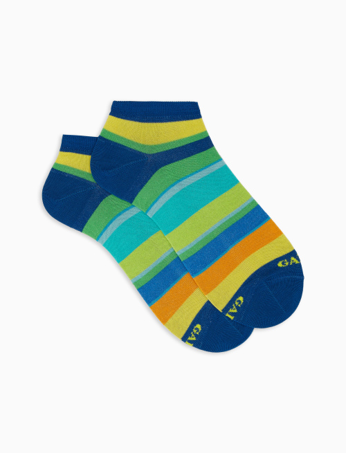 Men's prussian blue light cotton ankle socks with multicoloured stripes - Invisible | Gallo 1927 - Official Online Shop