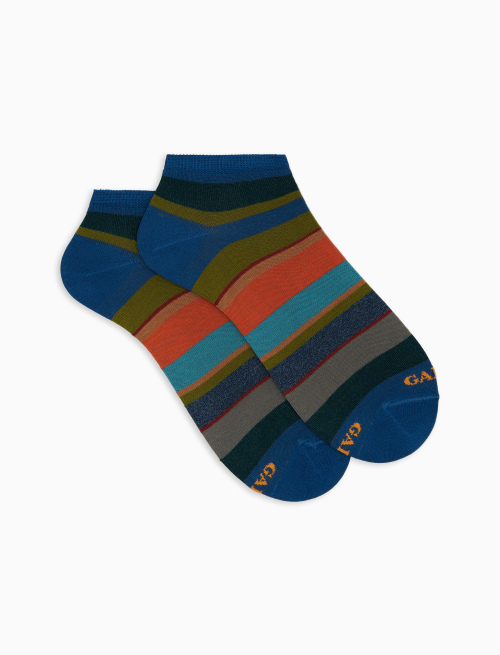 Men's blue cotton ankle socks with multicoloured stripes - Invisible | Gallo 1927 - Official Online Shop