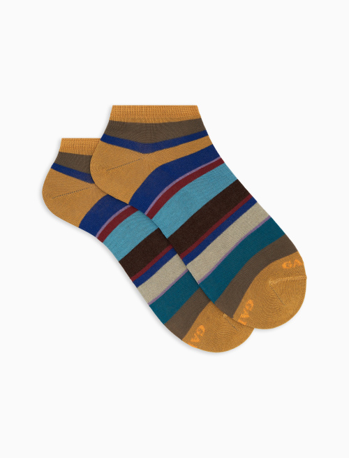 Men's yellow cotton ankle socks with multicoloured stripes - Invisible | Gallo 1927 - Official Online Shop