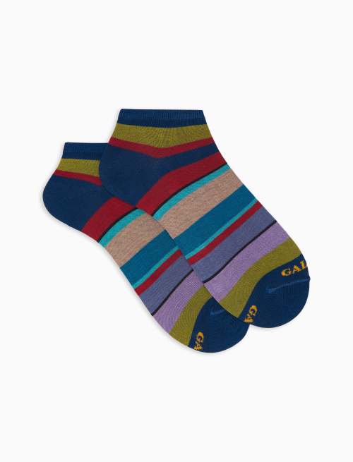 Men's blue cotton ankle socks with multicoloured stripes - Invisible | Gallo 1927 - Official Online Shop