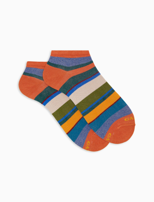 Men's orange cotton ankle socks with multicoloured stripes - Invisible | Gallo 1927 - Official Online Shop