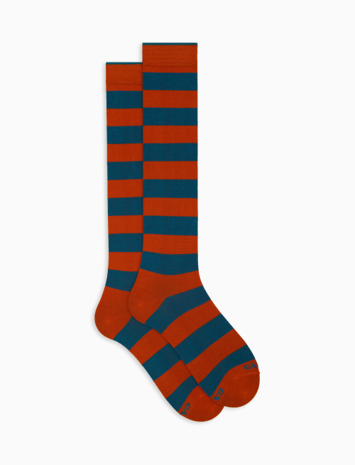 Men's long orange cotton socks with two-tone stripe pattern - Bicolor | Gallo 1927 - Official Online Shop