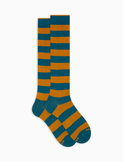 Men's long light blue cotton socks with two-tone stripe pattern - Bicolor | Gallo 1927 - Official Online Shop