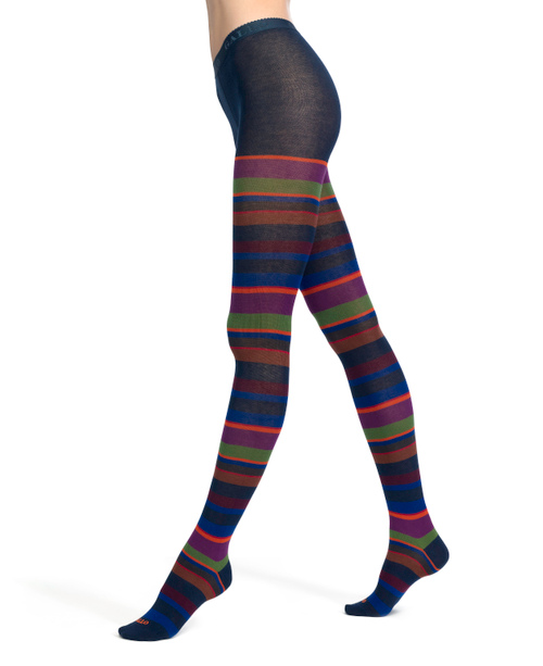 Women's royal blue cotton tights with multicoloured strips - Tights | Gallo 1927 - Official Online Shop