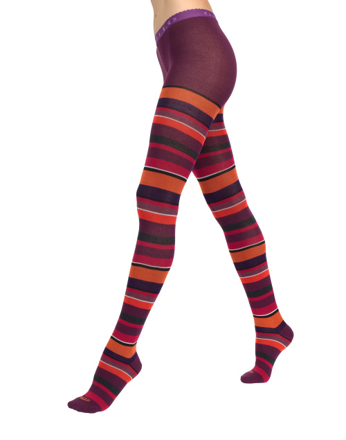Women's burgundy cotton tights with multicoloured strips - Tights | Gallo 1927 - Official Online Shop