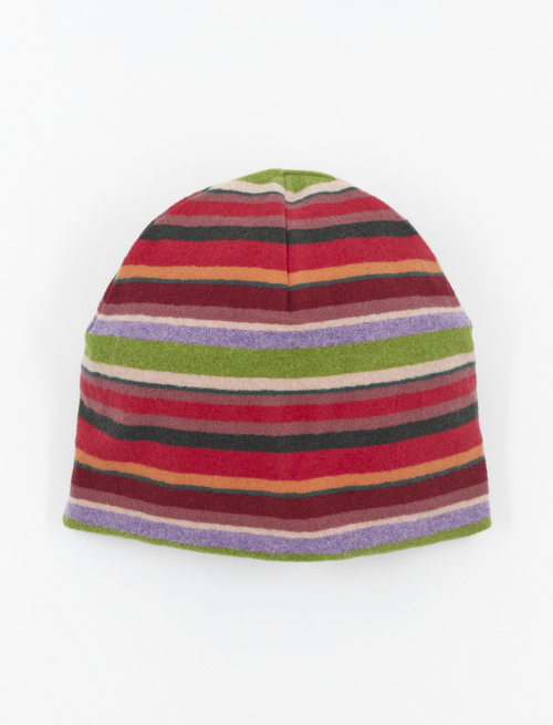 Unisex carmine red fleece beanie with multicoloured stripes | Gallo 1927 - Official Online Shop