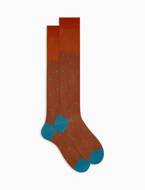 Men's long orange cotton socks with polka dot pattern on iridescent base - Man | Gallo 1927 - Official Online Shop