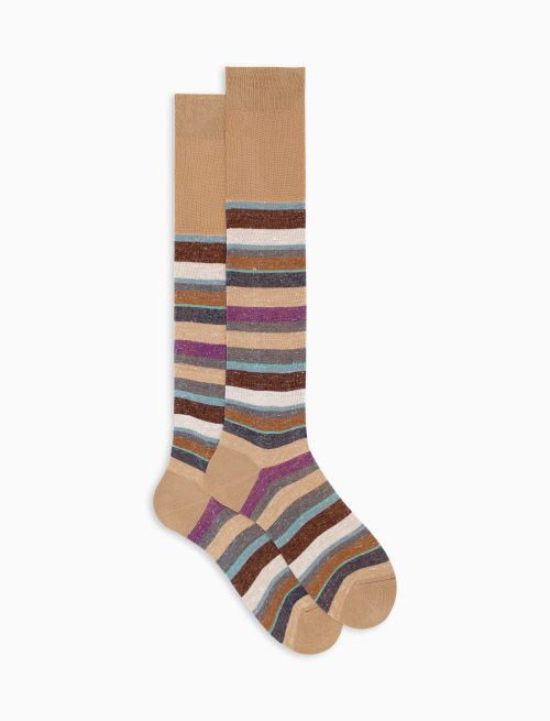 Men's long beige cotton and linen socks with multicoloured stripes - TEST | Gallo 1927 - Official Online Shop