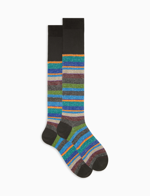 Men's long cocoa cotton/linen socks with multicoloured stripes - The New Dandy | Gallo 1927 - Official Online Shop