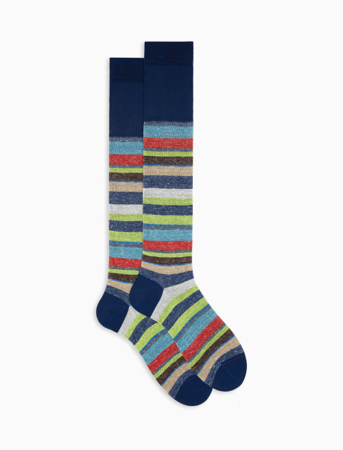 Men's long blue royal cotton/linen socks with multicoloured stripes - The New Dandy | Gallo 1927 - Official Online Shop