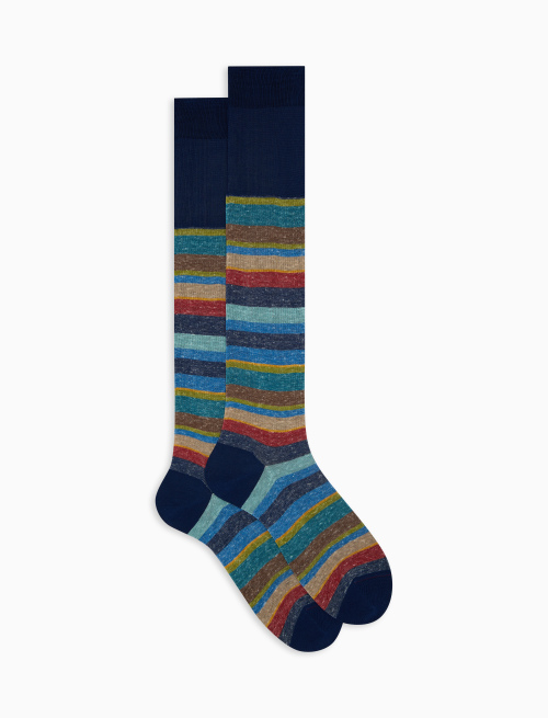 Men's long blue cotton and linen socks with multicoloured stripes - Man | Gallo 1927 - Official Online Shop