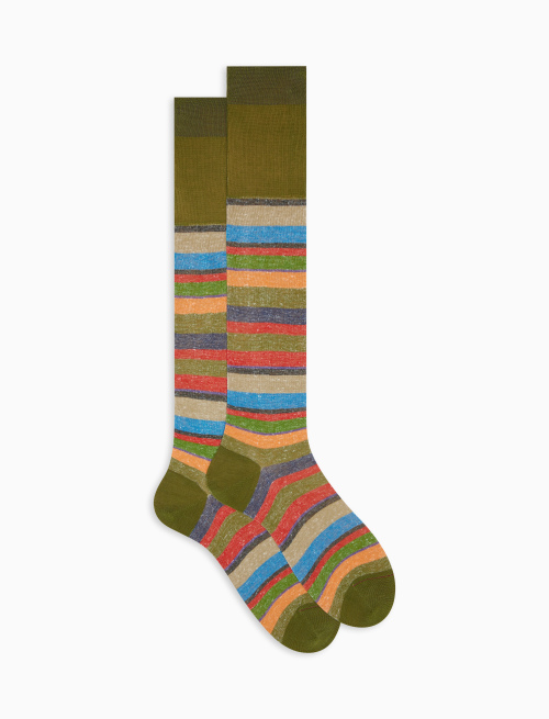 Men's long moss green cotton/linen socks with multicoloured stripes - The New Dandy | Gallo 1927 - Official Online Shop