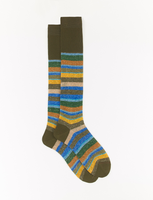 Men's long army green cotton/linen socks with multicoloured stripes - Second Selection | Gallo 1927 - Official Online Shop