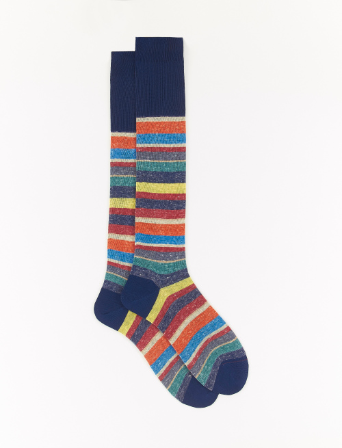 Men's long royal blue cotton/linen socks with multicoloured stripes - Second Selection | Gallo 1927 - Official Online Shop