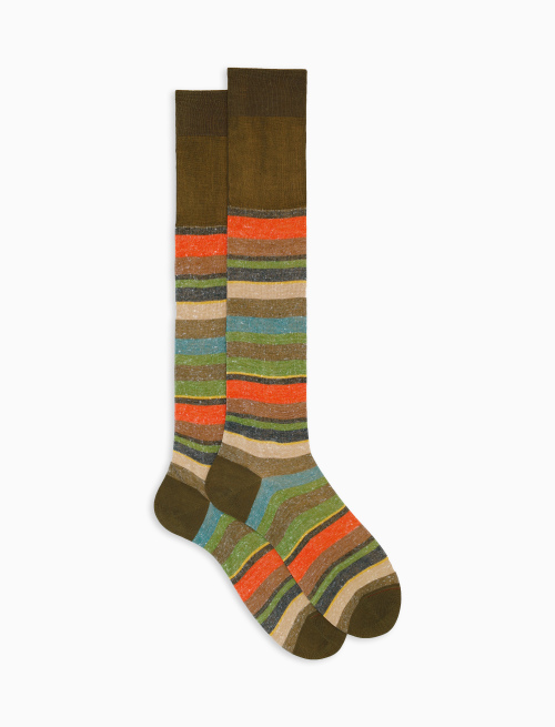 Men's long green cotton and linen socks with multicoloured stripes - Socks | Gallo 1927 - Official Online Shop