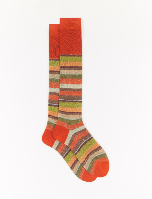 Men's long pumpkin cotton/linen socks with multicoloured stripes - Past Season 44 | Gallo 1927 - Official Online Shop