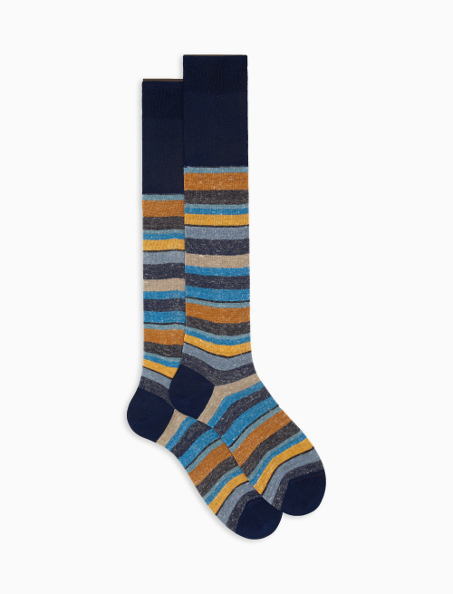 Men's long blue cotton and linen socks with multicoloured stripes - Long | Gallo 1927 - Official Online Shop