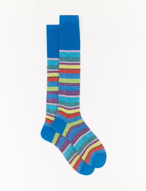 Men's long topaz blue cotton/linen socks with multicoloured stripes - Past Season 44 | Gallo 1927 - Official Online Shop