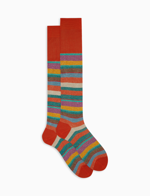 Men's long orange cotton and linen socks with multicoloured stripes - Man | Gallo 1927 - Official Online Shop