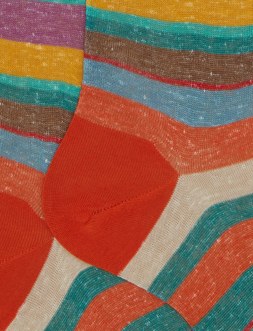 Men's long orange cotton and linen socks with multicoloured stripes - Man | Gallo 1927 - Official Online Shop