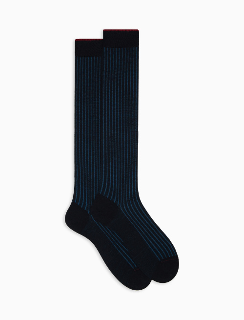 Men's long blue/Aegean blue plated cotton and wool socks - Long | Gallo 1927 - Official Online Shop