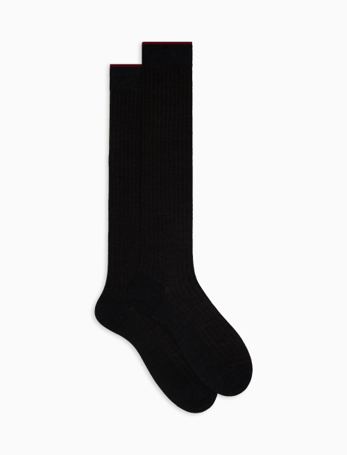 Men's long charcoal grey/tobacco twin-rib cotton and wool socks - Twin rib | Gallo 1927 - Official Online Shop