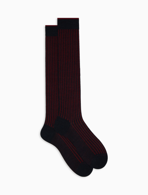 Men's long heather blue/poppy twin-rib cotton and wool socks - Twin rib | Gallo 1927 - Official Online Shop