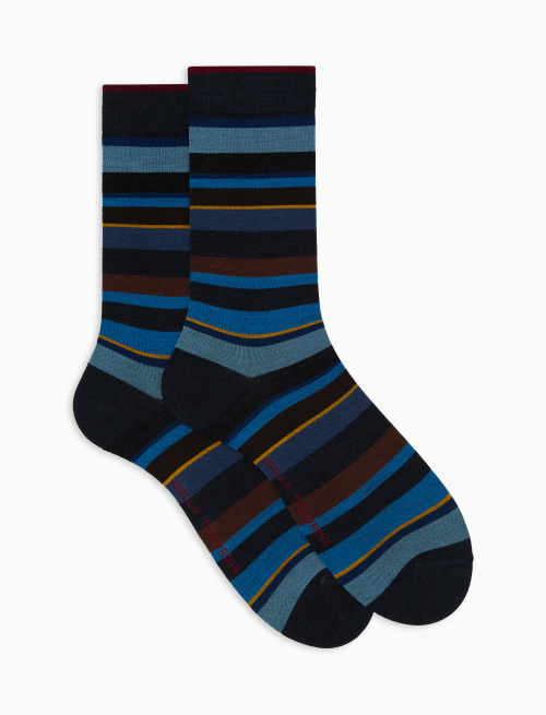 Men's short blue wool socks with multicoloured stripes - Short | Gallo 1927 - Official Online Shop