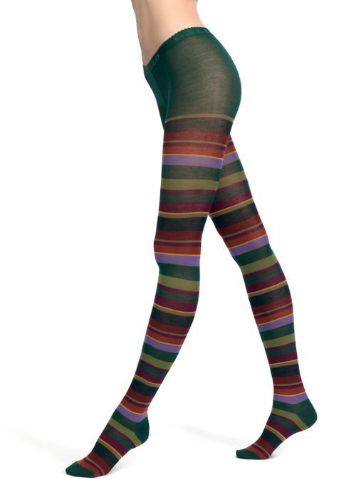 Women's loden green wool tights with multicoloured stripes - Tights | Gallo 1927 - Official Online Shop