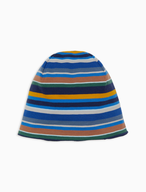 Kids' plain blue cotton beanie with multicoloured stripes - Multicolor | Gallo 1927 - Official Online Shop