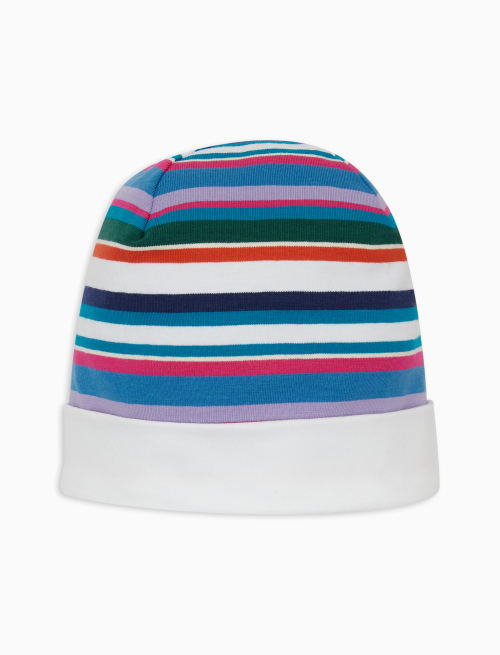 Kids' plain white cotton beanie with multicoloured stripes and cuff - Kid | Gallo 1927 - Official Online Shop