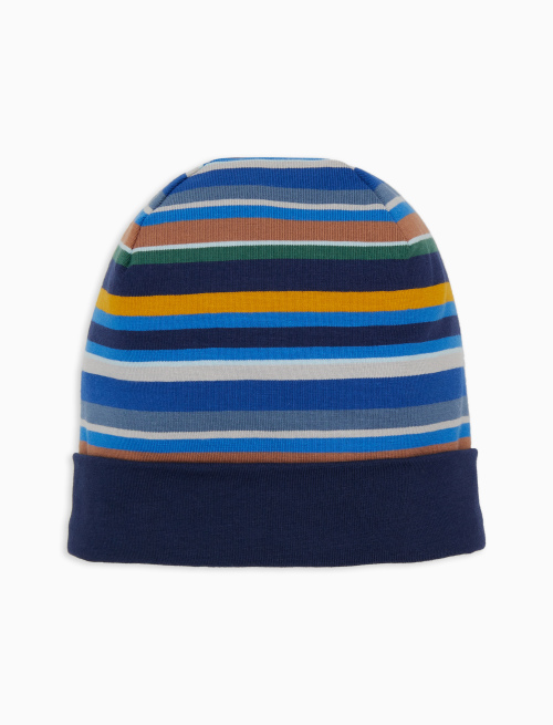 Kids' plain blue cotton beanie with multicoloured stripes and cuff - Accessories | Gallo 1927 - Official Online Shop