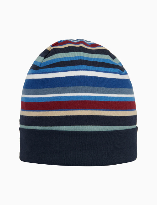 Kids' royal blue cotton beanie with multicoloured stripes and plain cuff - Cannes | Gallo 1927 - Official Online Shop