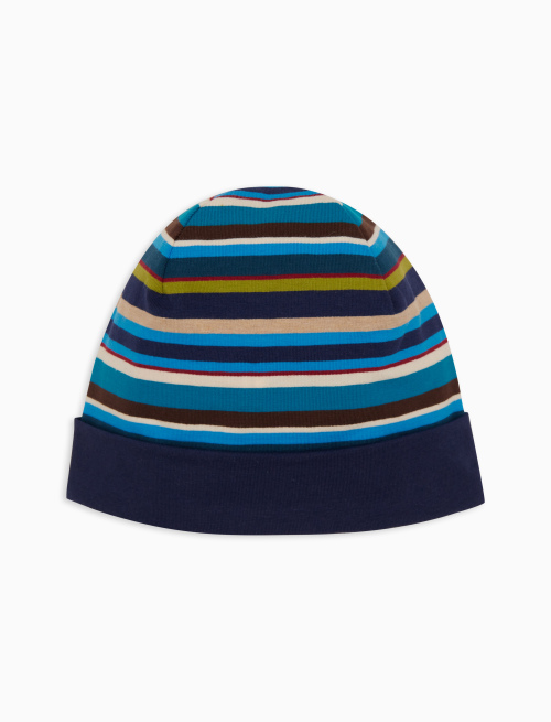 Berretto bambino cotone righe multicolor e risvolto tinta unita blu - Accessori | Gallo 1927 - Official Online Shop