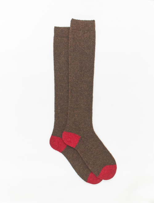 Women's long plain brown bouclé wool socks with contrasting details - The Essentials | Gallo 1927 - Official Online Shop