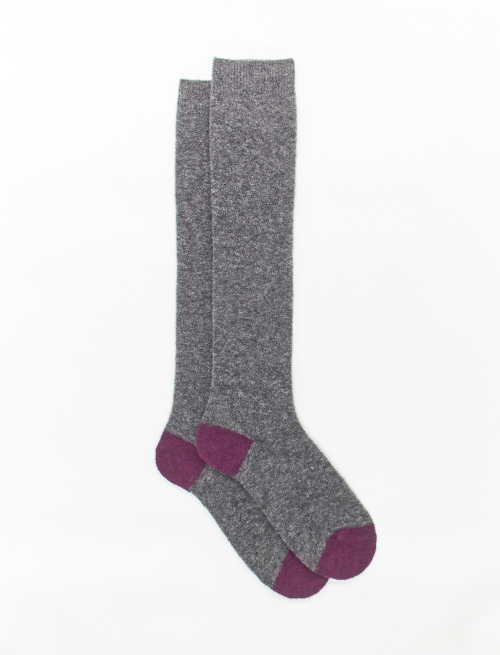 Women's long plain stone grey bouclé wool socks with contrasting details - The Essentials | Gallo 1927 - Official Online Shop