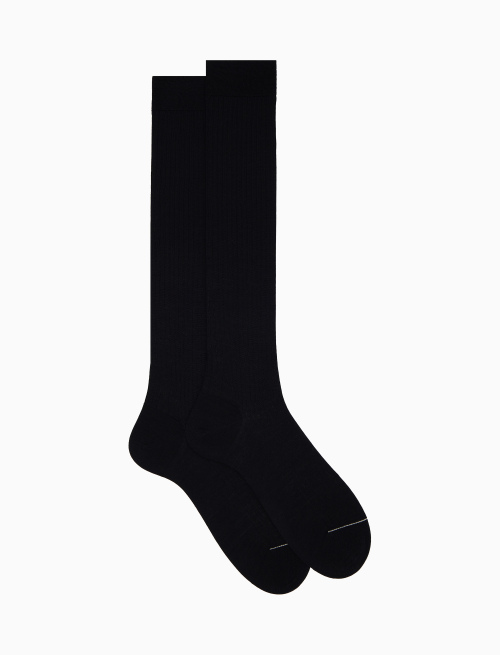 Men's long ribbed plain blue wool socks - Long | Gallo 1927 - Official Online Shop