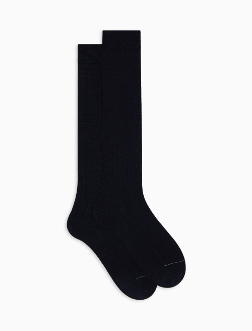 Men's long ribbed plain blue socks in wool, silk and cashmere - Man | Gallo 1927 - Official Online Shop