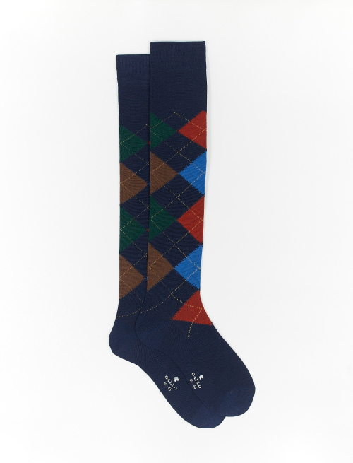 Men's long royal blue wool socks with inlay motif - Socks | Gallo 1927 - Official Online Shop
