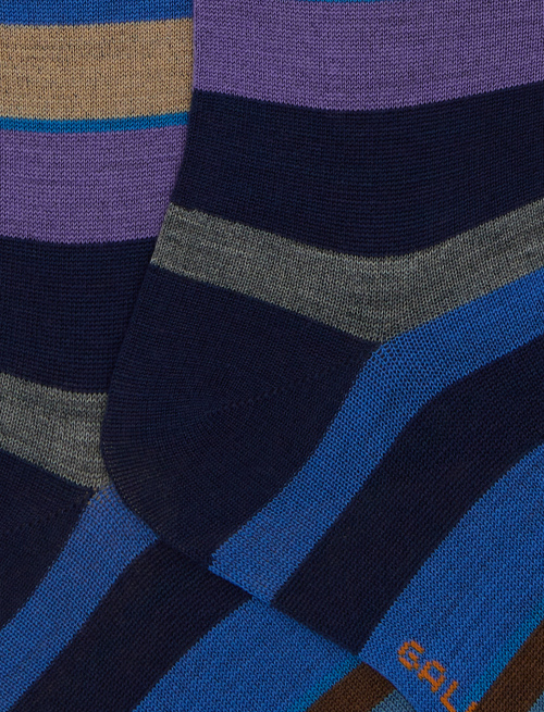 Women's long blue wool socks with multicoloured stripes - Socks | Gallo 1927 - Official Online Shop