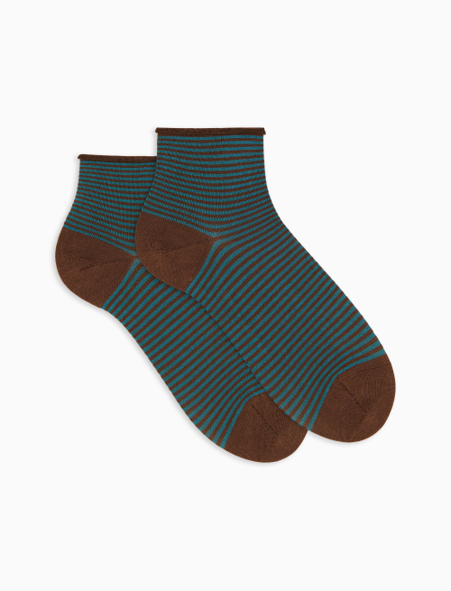 Women's super short cotton socks with Windsor stripes and rolled light blue cuff - Super short | Gallo 1927 - Official Online Shop