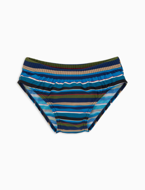 Kid's blue swimming briefs with multicoloured stripes - Boys beachwear | Gallo 1927 - Official Online Shop